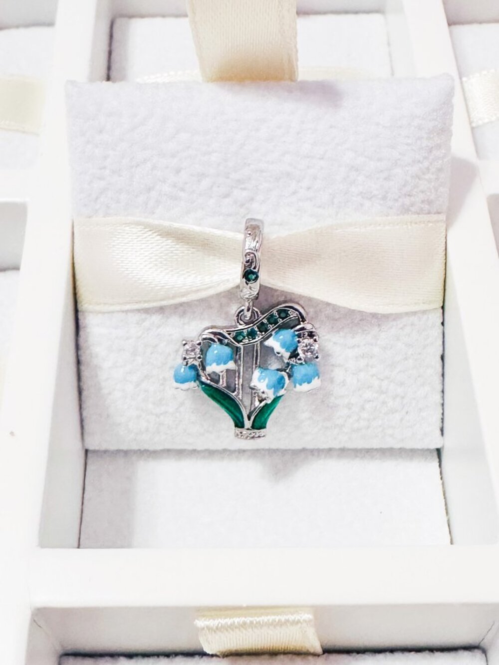 925 Sterling Silver Blue Lily Of The Valley Harp Dangle Charm Fits Pandora